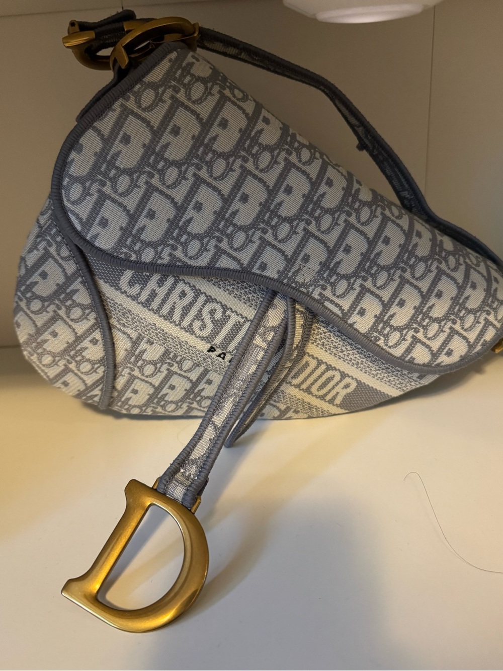 Dior Powder Blue Oblique Canvas Saddle Bag with Gold 'D' Charm